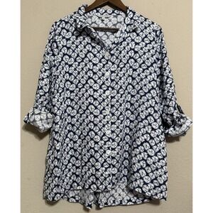 John Mark Women's Linen Tunic Top Small Button Up Pockets Roll Tab Coastal Beach